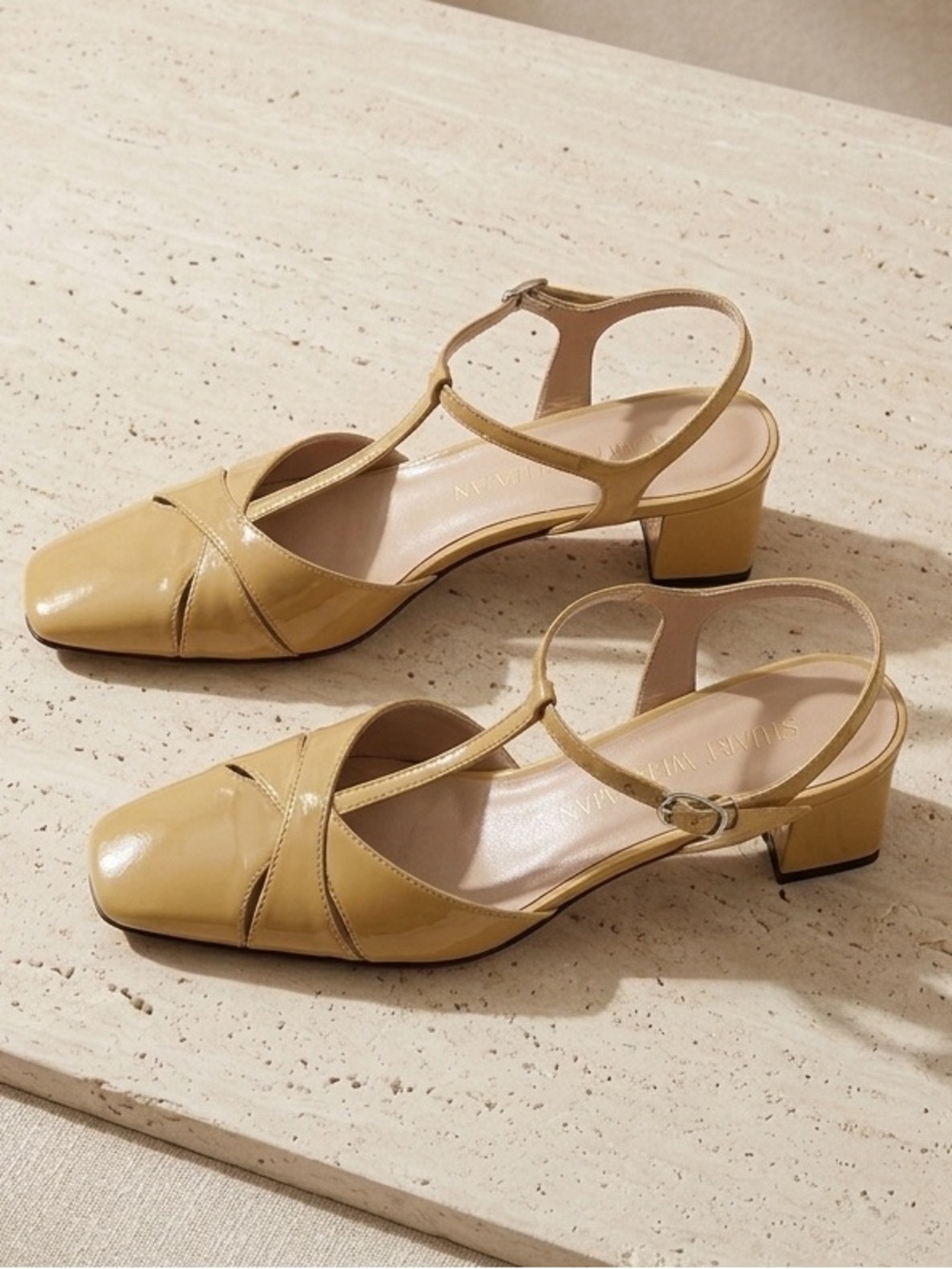 STUART WEITZMAN Mustard Patent Leather T-Strap Slingback Pumps Size 8 Luxury
